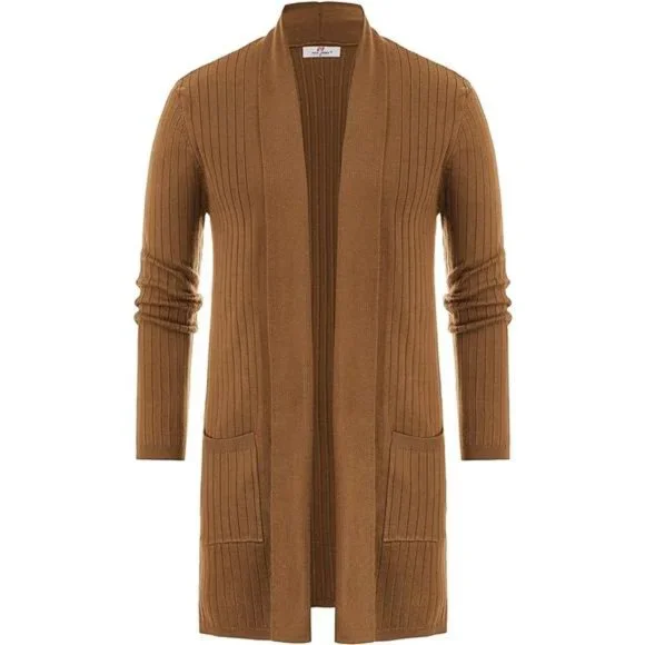 Men's Shawl Collar Open Front Long Cardigan Ribbed Knit Sweater with Pockets - Picture 1 of 6